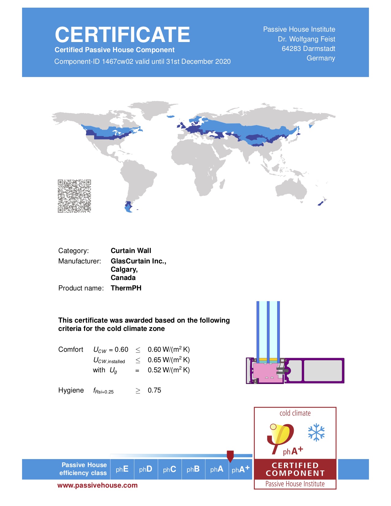 Passivehouse.com certification documentation for GlasCurtain ThermPH