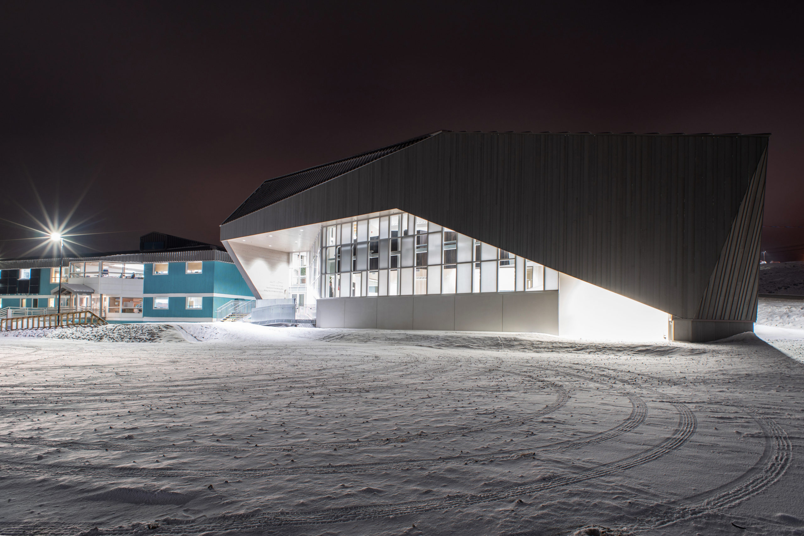 Photo of the Outside of Nunavut Arctic College - Nunatta Campus at night